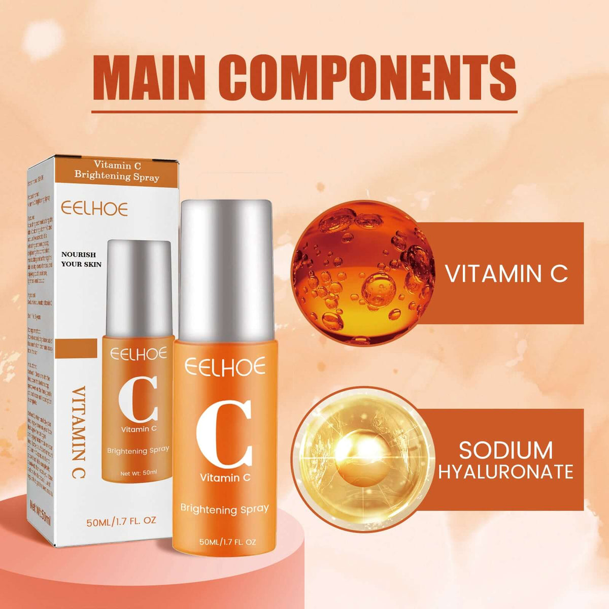 Vitamin C moisturizing facial spray showcasing main ingredients: Vitamin C and Sodium Hyaluronate.