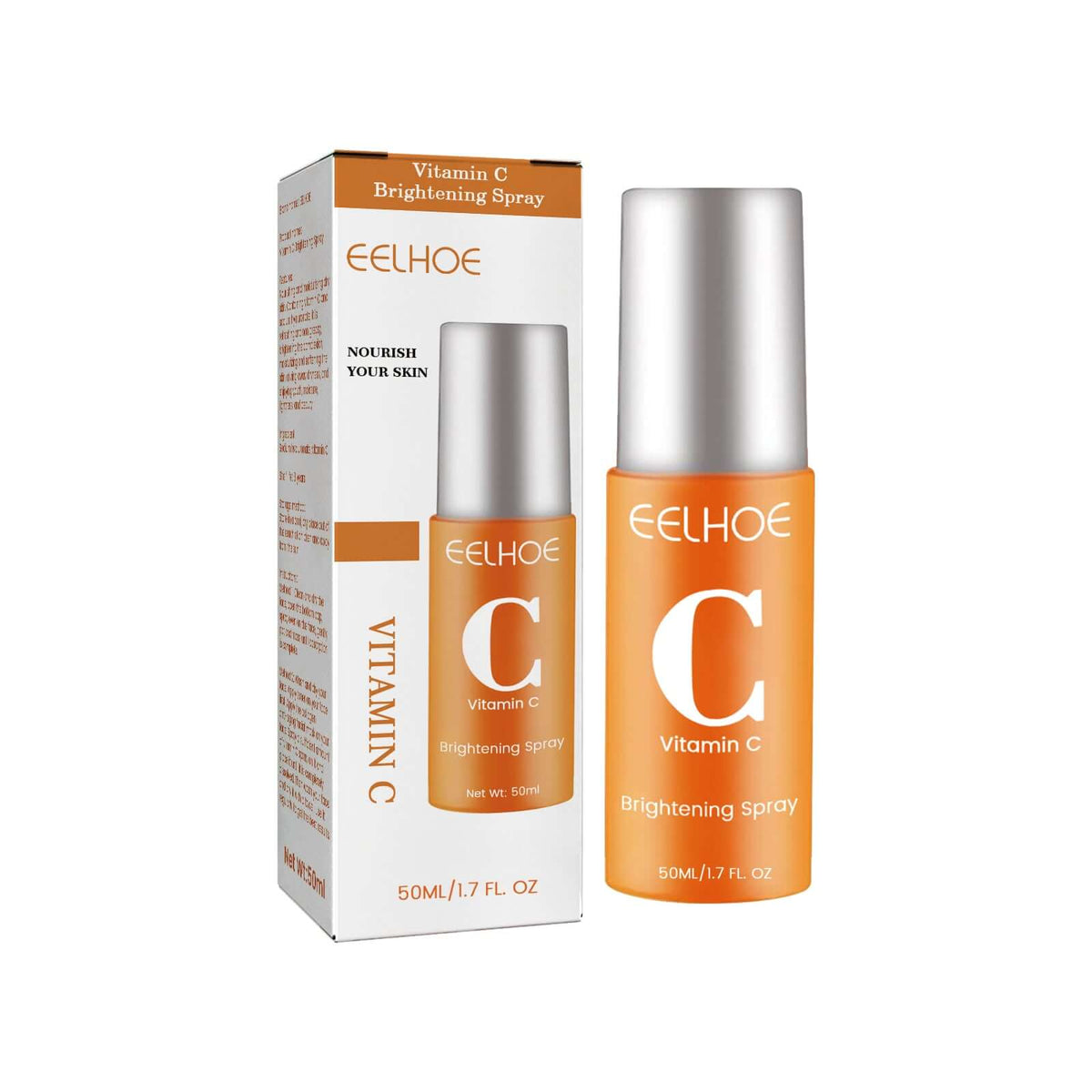Vitamin C moisturizing facial spray in an orange bottle with silver cap and packaging, designed for skincare.