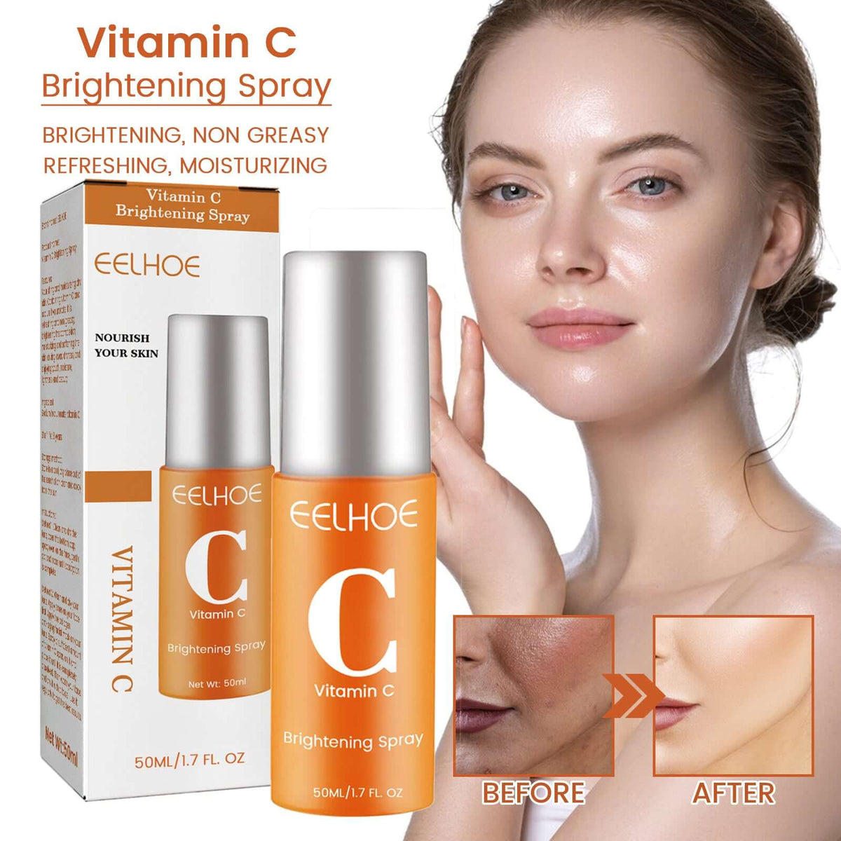 Vitamin C moisturizing facial spray in a brightening bottle with model before and after showing skincare results.