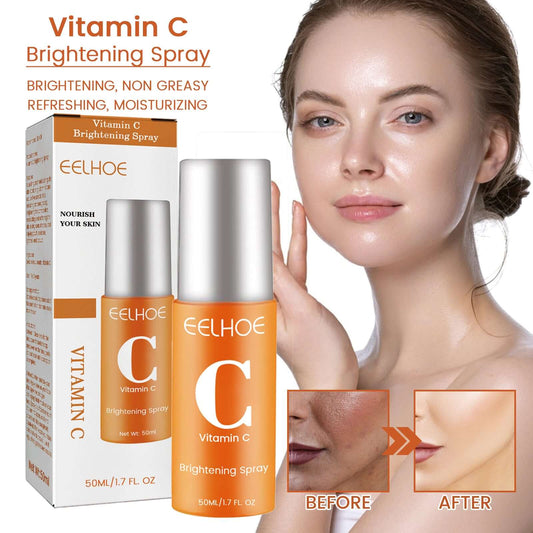Vitamin C moisturizing facial spray in a brightening bottle with model before and after showing skincare results.