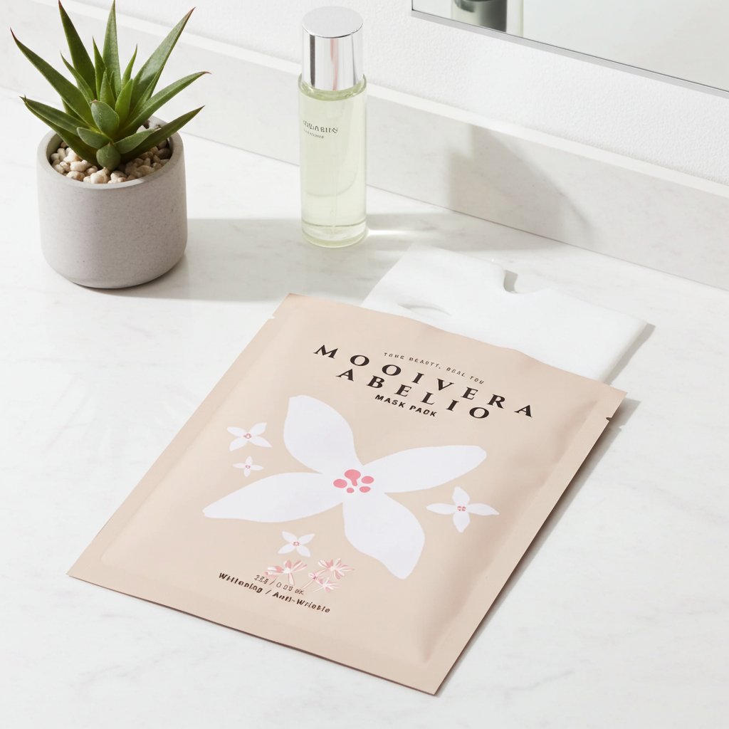 Korean Hydrating Sheet Mask pack featuring a soft pink background with floral design and a white mask partially visible.