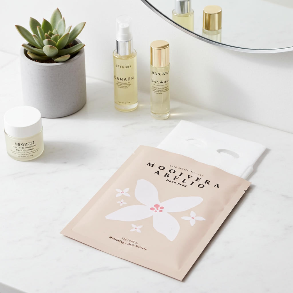 Korean Hydrating Sheet Mask pack with a light pink floral design, positioned beside skincare products on a marble surface.